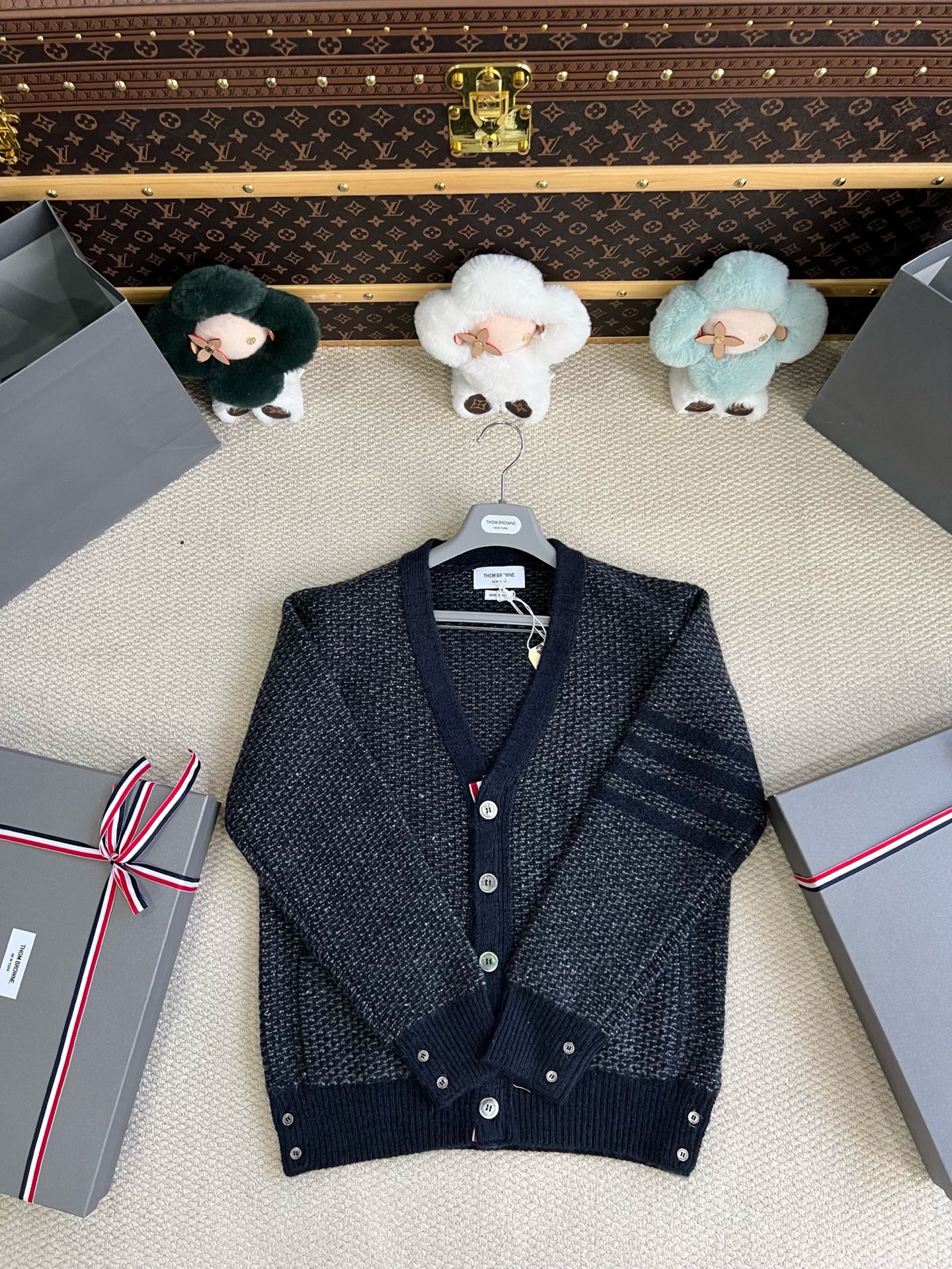 Textured Tonal Four-Bar V-Neck Cardigan — product photograph