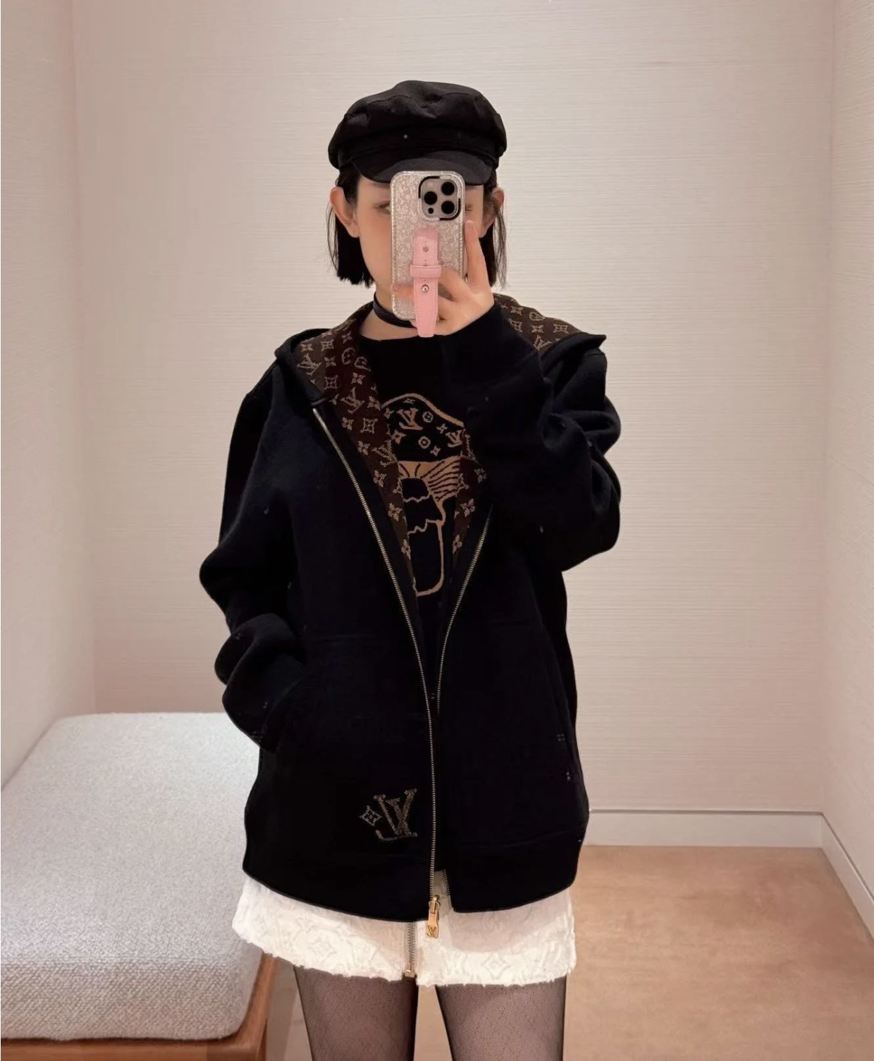 Brown Monogram-Lined Zip Hoodie — product photograph
