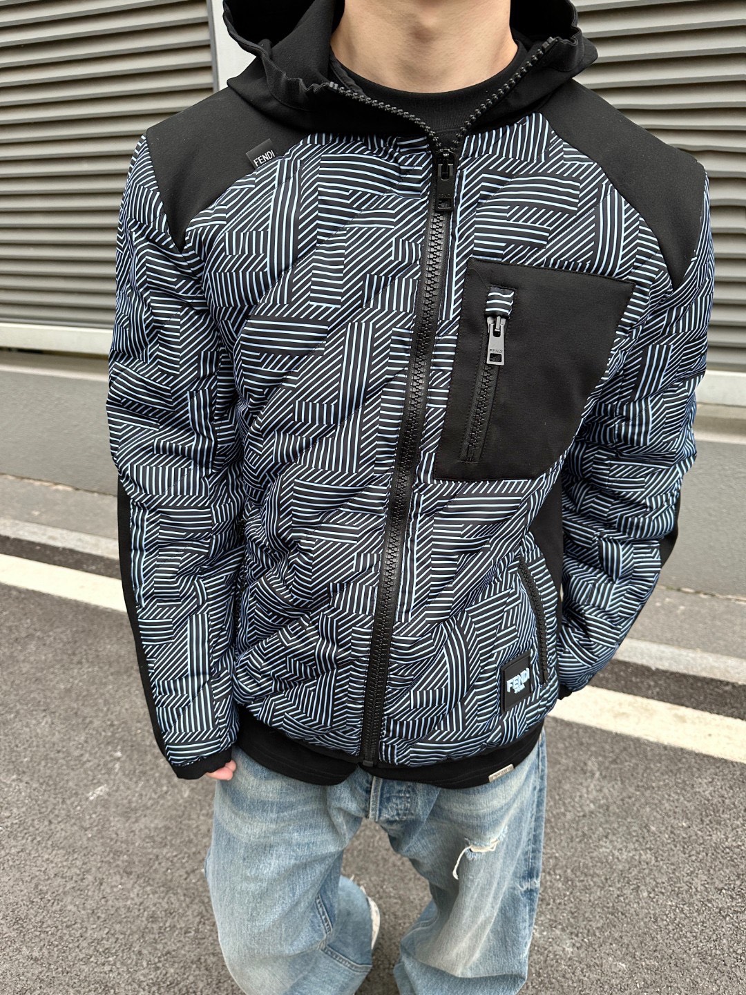 Geometric-Panel Hooded Padded Jacket — product photograph