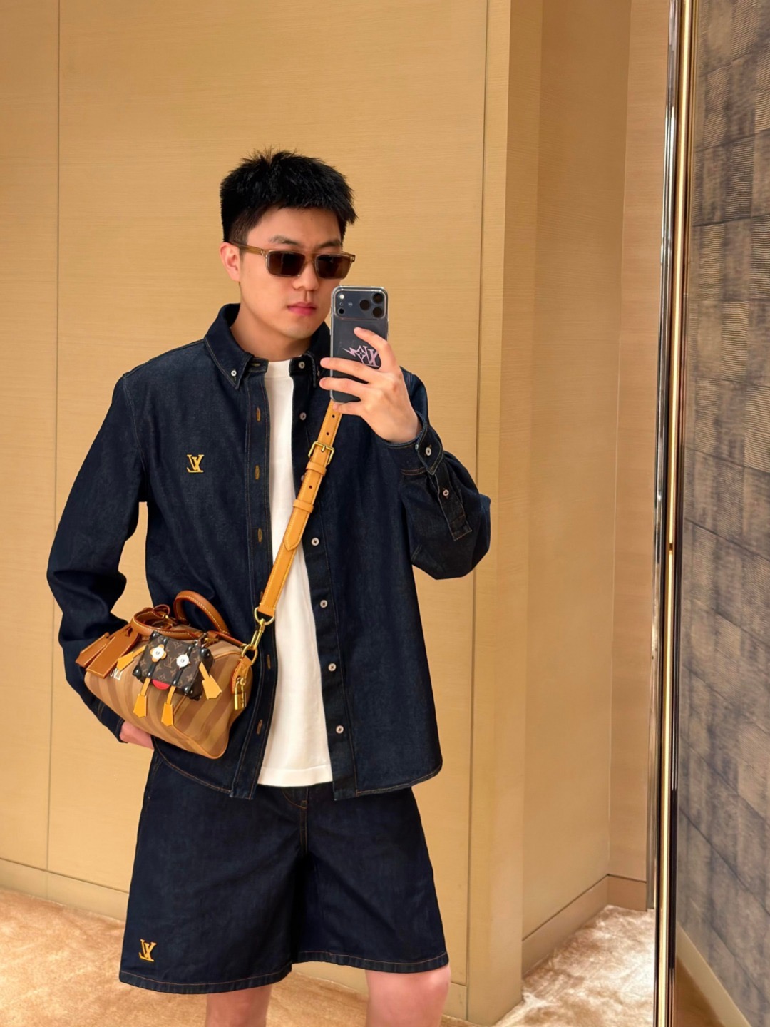 Monogram-Chest Button-Down Denim Shirt — product photograph